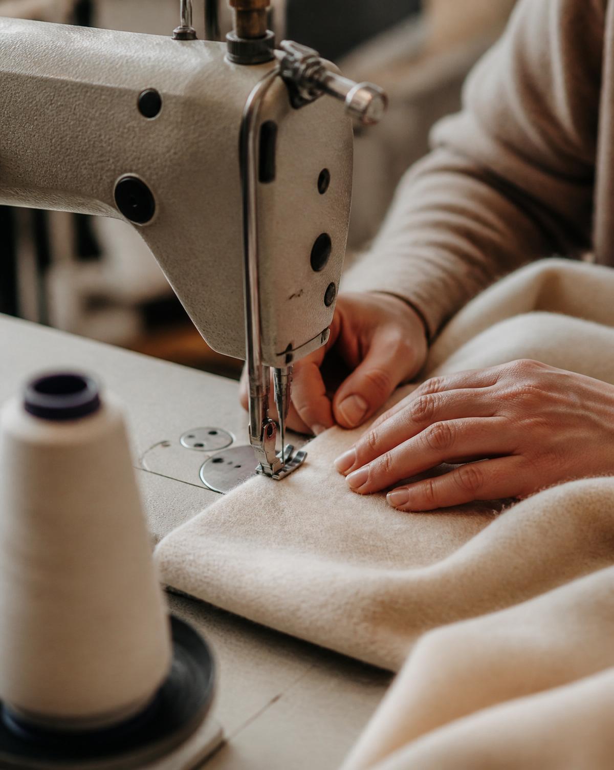 Hands guiding cream wool through an industrial sewing machine